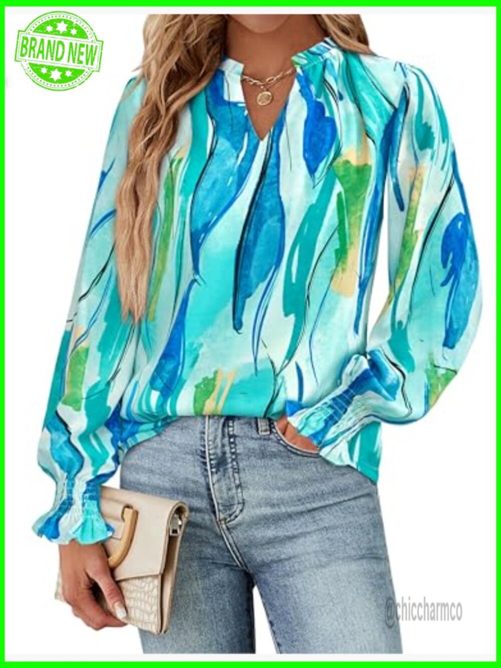 V Neck Floral Long Sleeve Puff Sleeve Chiffon Blouse Dressy Work Top - Picture 2 of 7